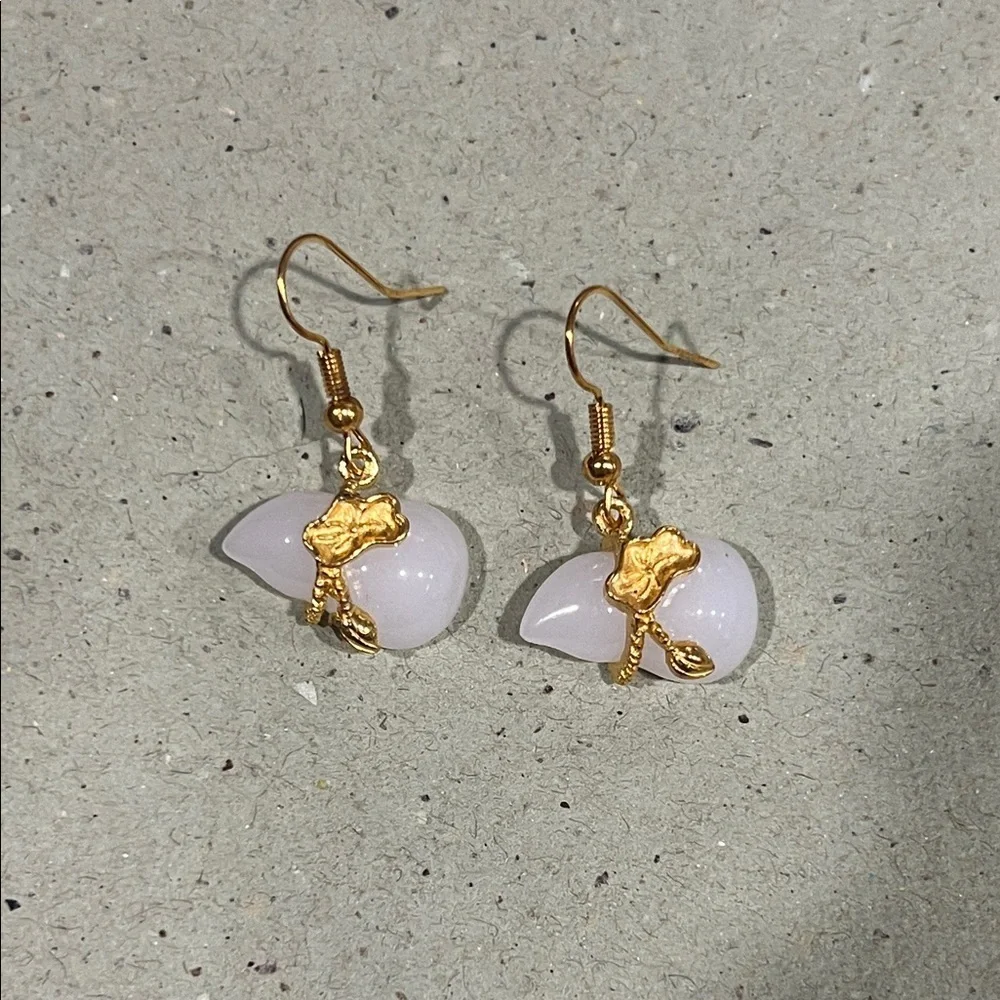 White Jade Drop Earrings Gold Tone | Minimalist Dainty Stone Jewelry